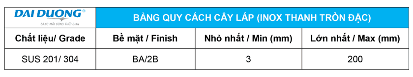 Bảng quy cách size Láp của Inox Đại Dương