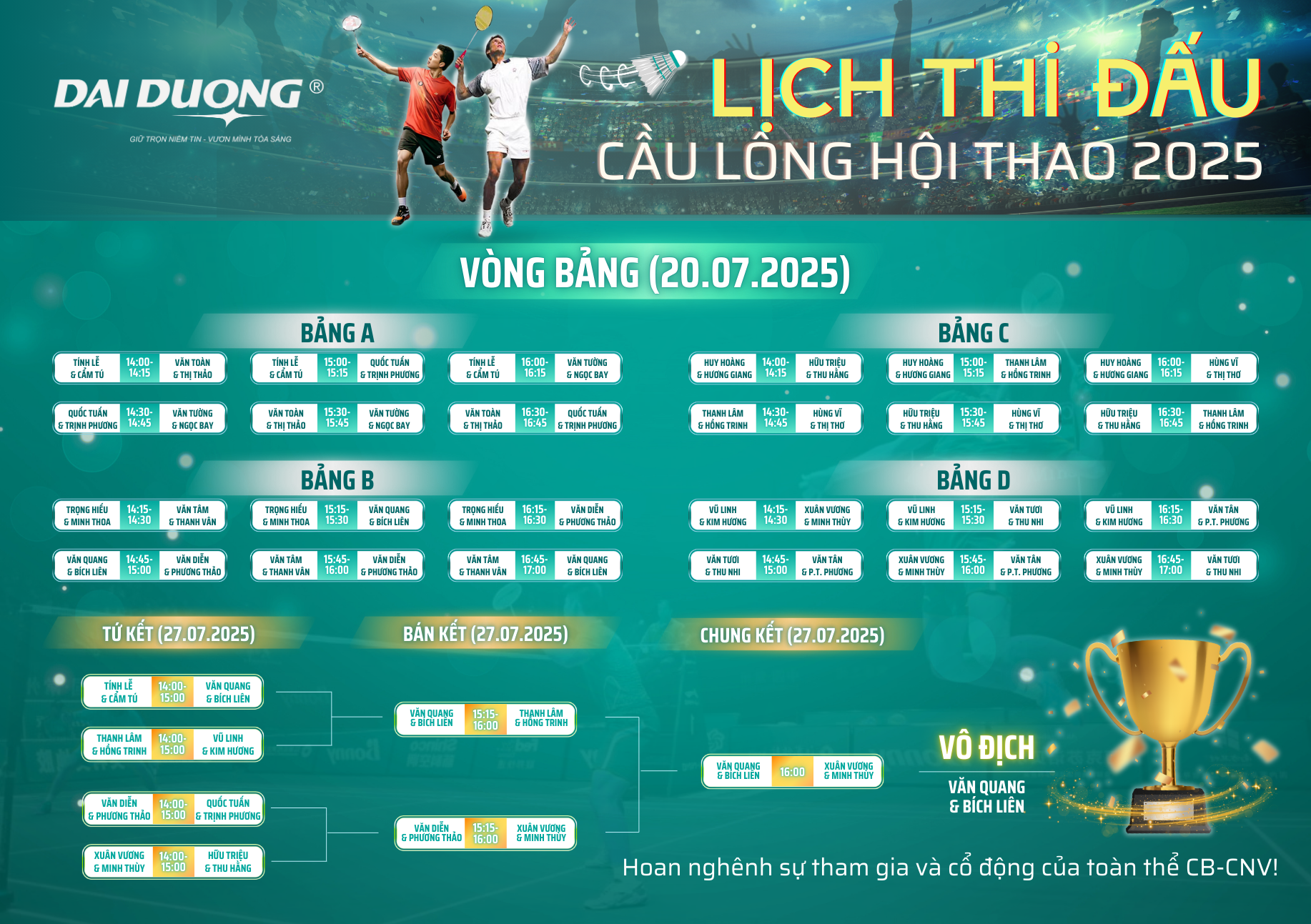 Lịch thi đấu cầu lông nam nữ Hội thao Chào mừng kỷ niệm 24 năm thành lập Đại Dương