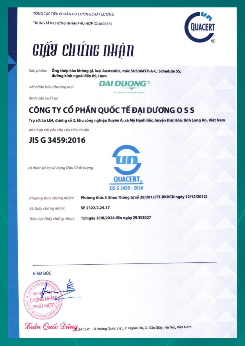Inox Đại Dương đạt chứng nhận JIS G 3459:2016